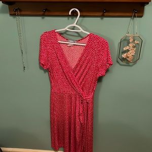 Women’s faux wrap red and white polka dot dress, M